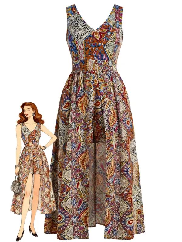 1970s Bohemian Paisley V-Neck Sleeveless High-Low Romper made by Retro Stage