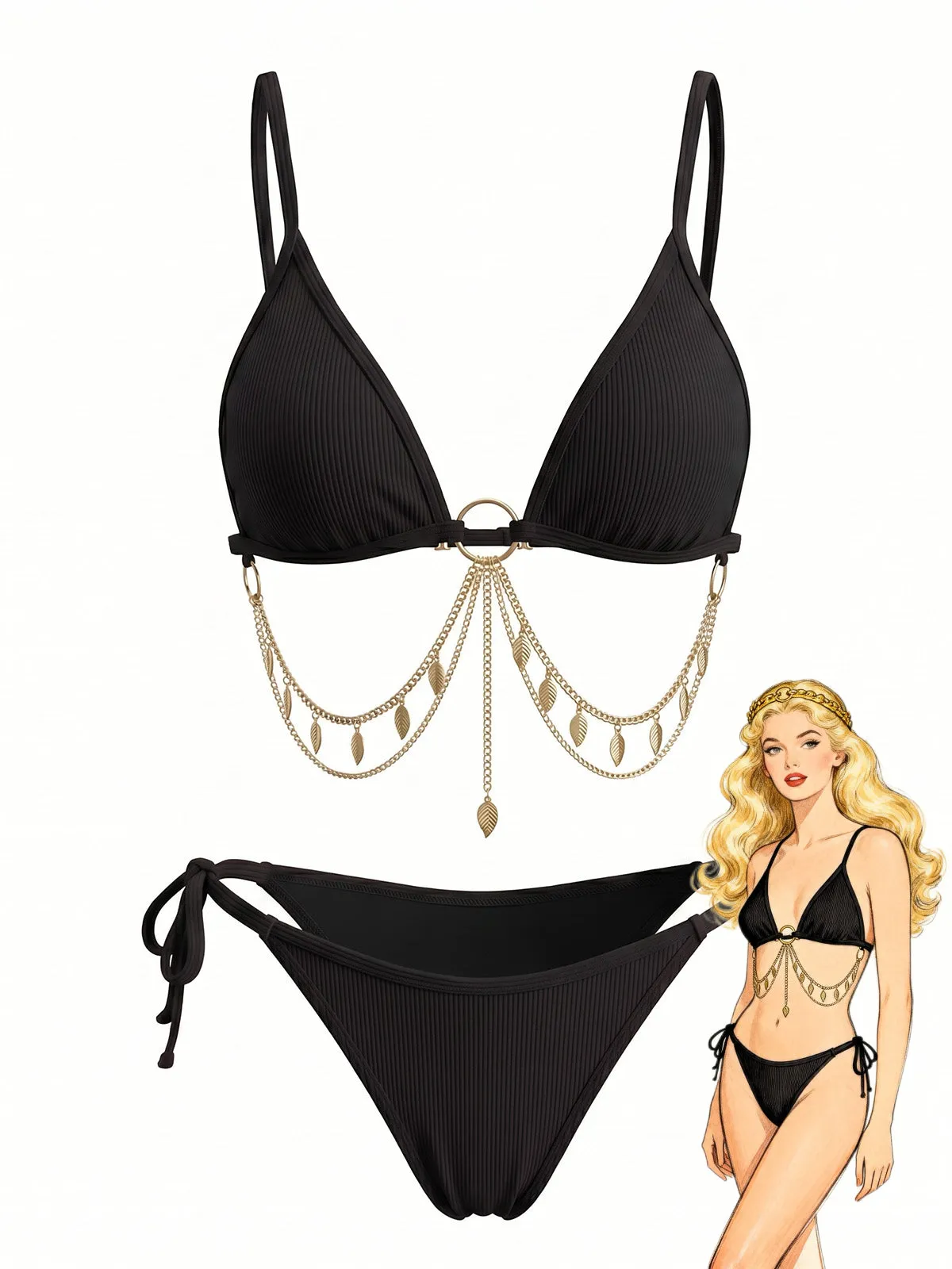 1960s Ribbed Gold Chain Triangle Bikini Set sold by Retro Stage