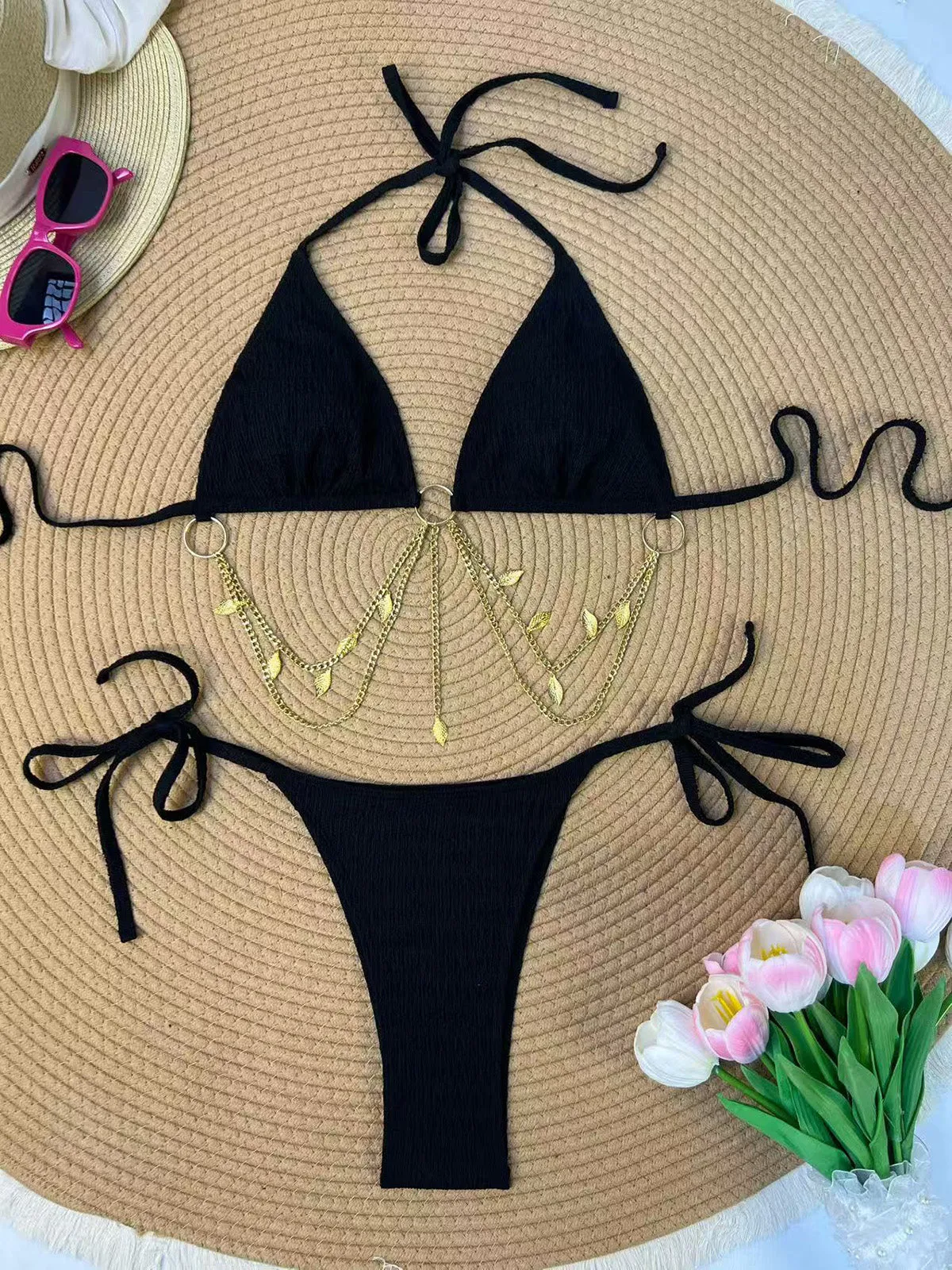 1960s Ribbed Gold Chain Triangle Bikini Set sold by Retro Stage product image thumbnail 3