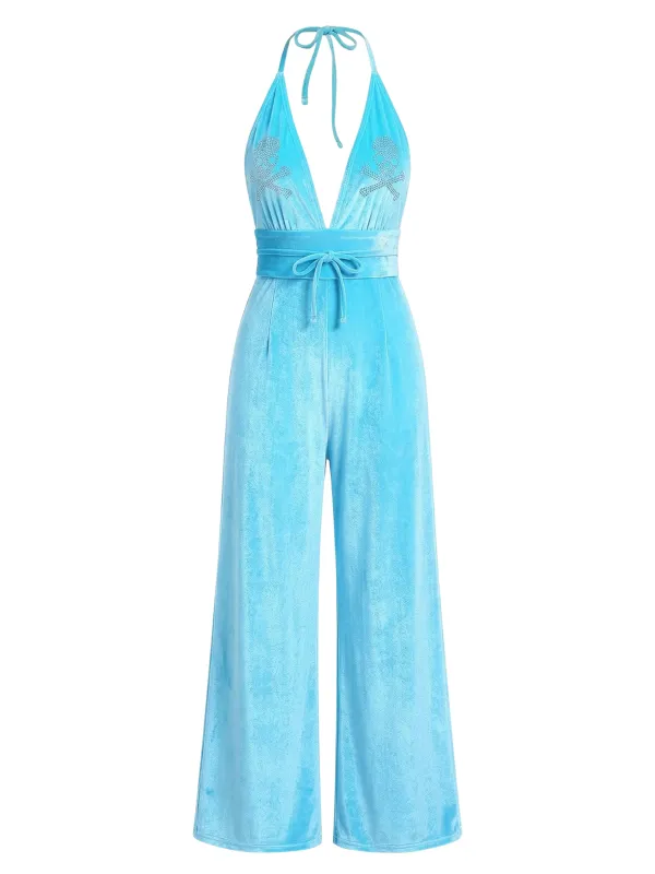 [Pre-Sale] Light Blue 1950s Skull Rhinestone Velvet Jumpsuit made by Retro Stage