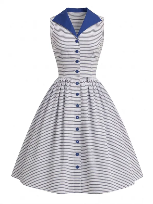 [Pre-Sale] Blue 1950s Striped Button-Up Sleeveless Midi Dress made by Retro Stage