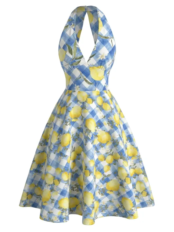 Yellow 1950s Lemon Floral Halter V-Neck Dress made by Retro Stage