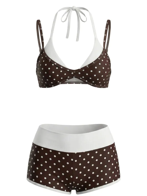 Brown 1950s Polka Dot Double-Layer Swimsuit made by Retro Stage