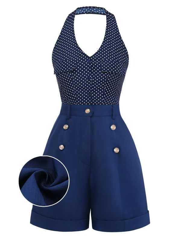 [Pre-Sale] Deep Blue 1950s Polka Dot Halter Patchwork Romper made by Retro Stage