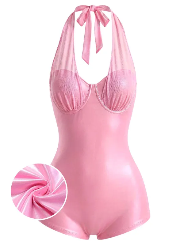 [Pre-Sale] Peach Pink Y2K Shiny Mesh Halter Patchwork Swimsuit made by Retro Stage