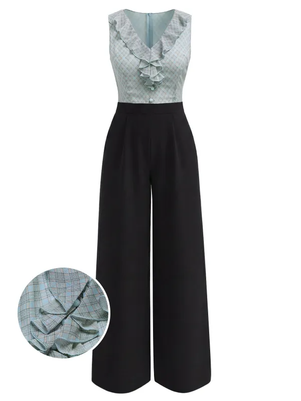 [Pre-Sale] Blue 1940s Plaid V-Neck Ruffle Jumpsuit made by Retro Stage
