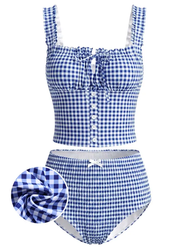 [Pre-Sale] Blue 1950s Gingham Bow Wide Strap Tankini Set made by Retro Stage