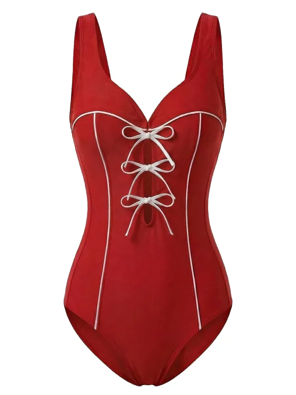 [Pre-Sale] Red 1950s Laced-Up One-Piece Swimsuit made by Retro Stage