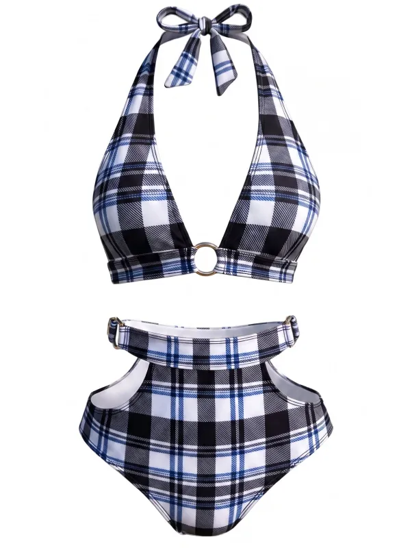 [Pre-Sale] Dark Blue 1940s Plaid Halter Hollow Bikini Set made by Retro Stage