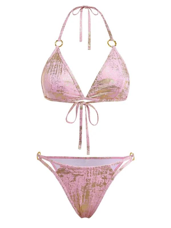 Pink 1980s Metallic Ring Triangle Halter Bikini Set made by Retro Stage