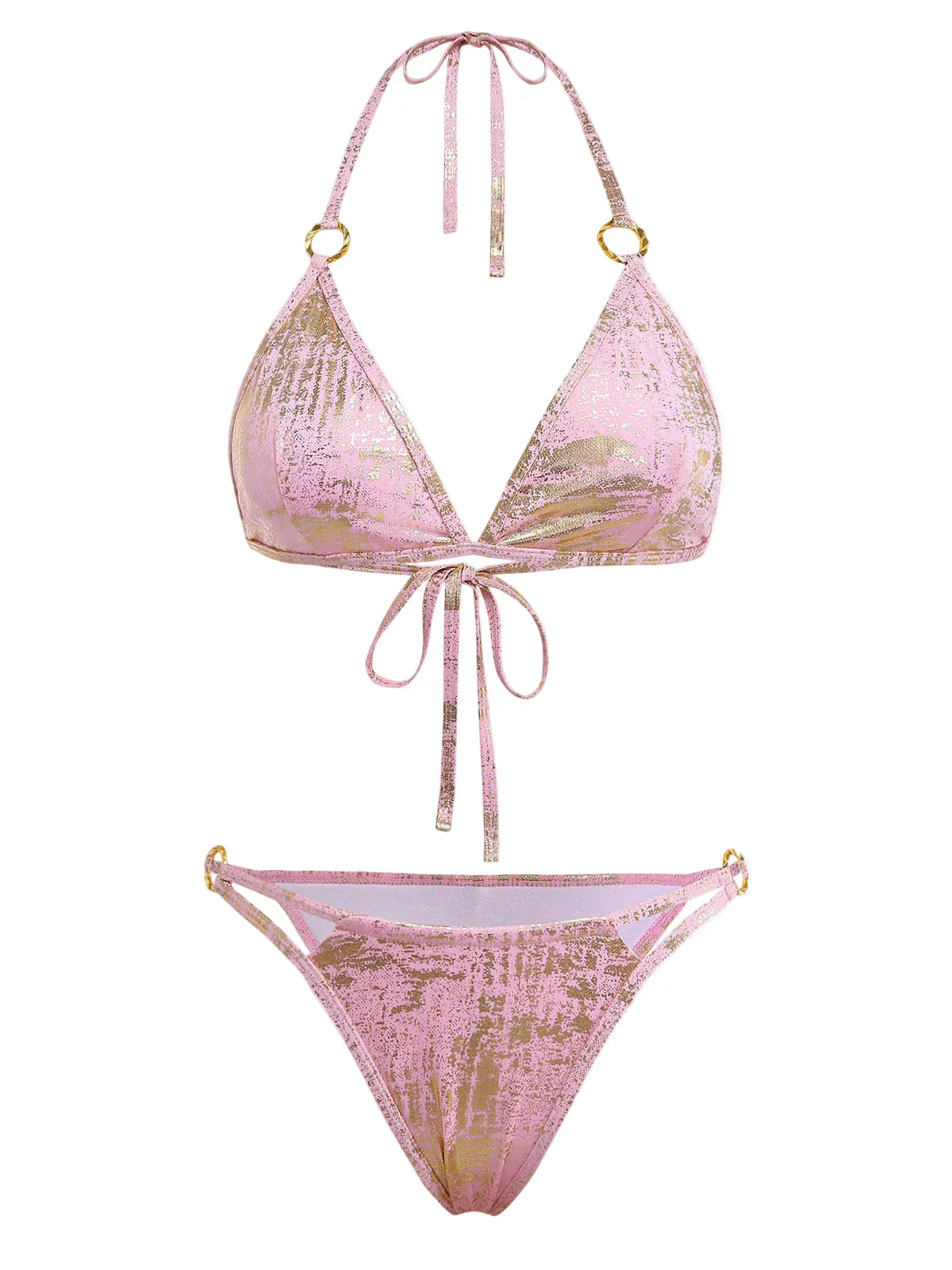 Pink 1980s Metallic Ring Triangle Halter Bikini Set sold by Retro Stage