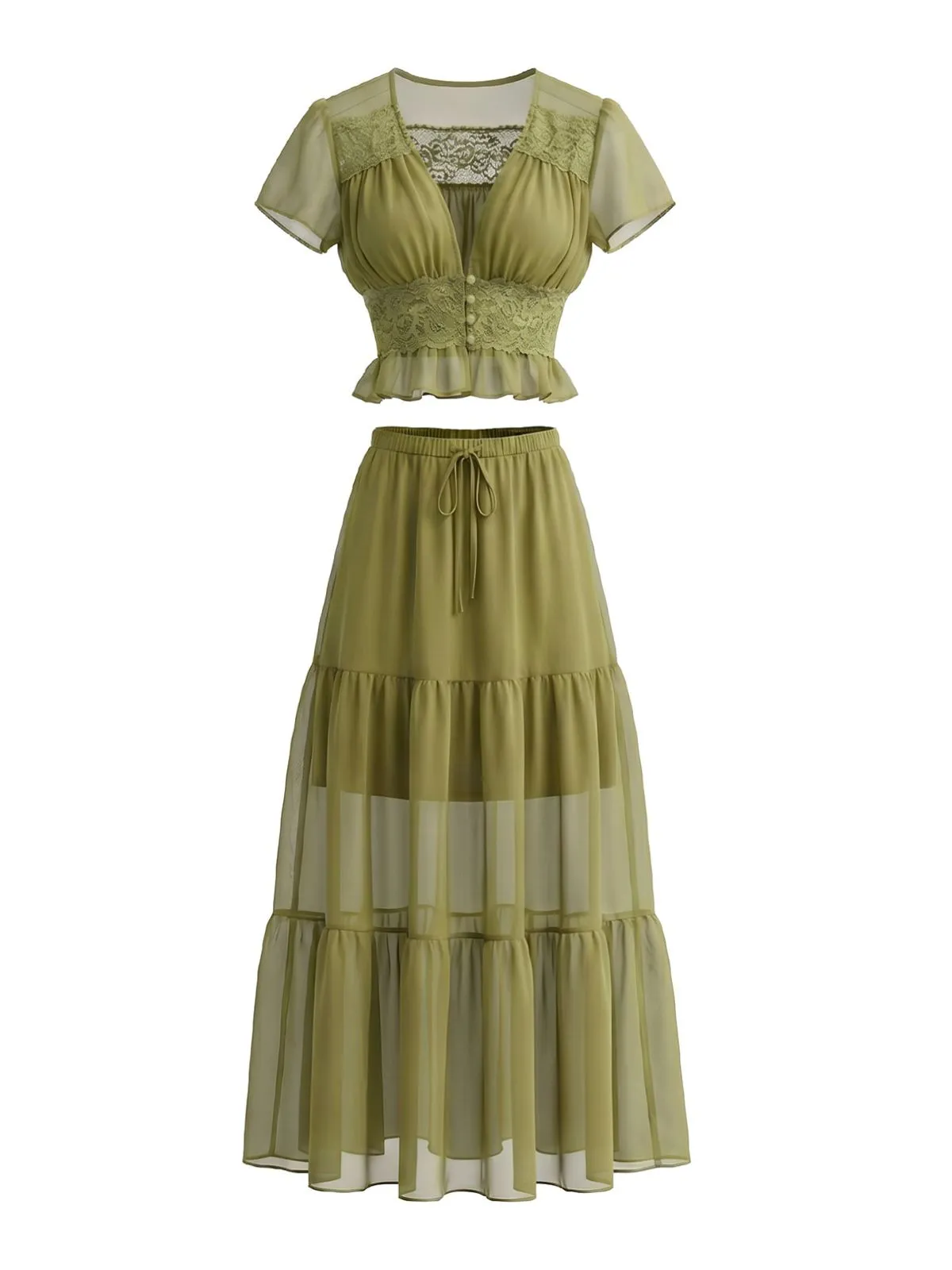2PCS Olive 1940s Lace Crop Top & Sheer Maxi Skirt Set sold by Retro Stage