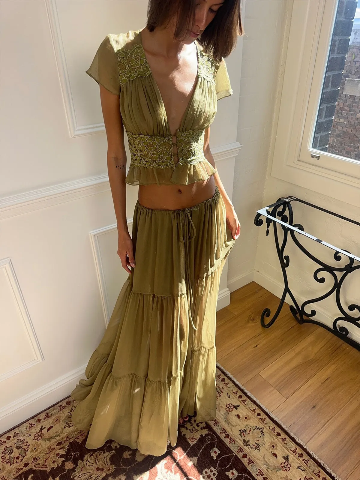 2PCS Olive 1940s Lace Crop Top & Sheer Maxi Skirt Set sold by Retro Stage product image thumbnail 5