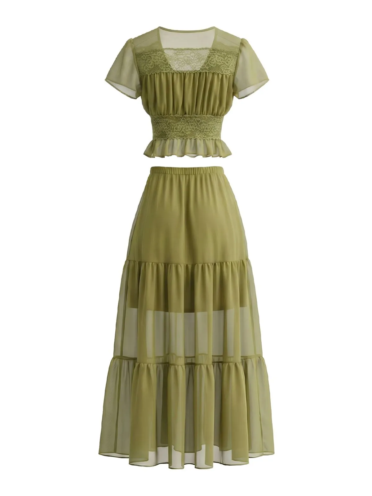 2PCS Olive 1940s Lace Crop Top & Sheer Maxi Skirt Set sold by Retro Stage product image thumbnail 2