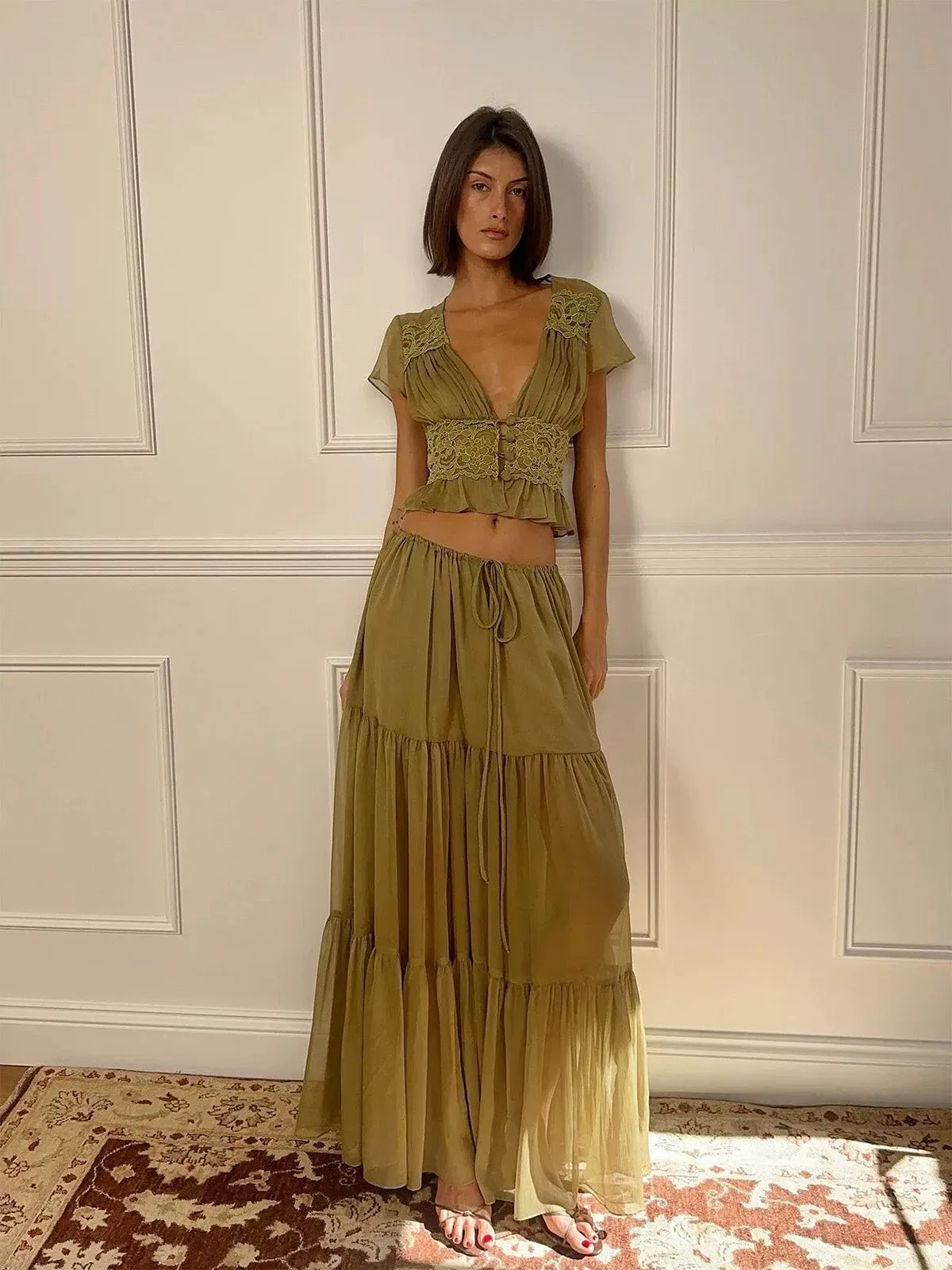 2PCS Olive 1940s Lace Crop Top & Sheer Maxi Skirt Set sold by Retro Stage product image thumbnail 3