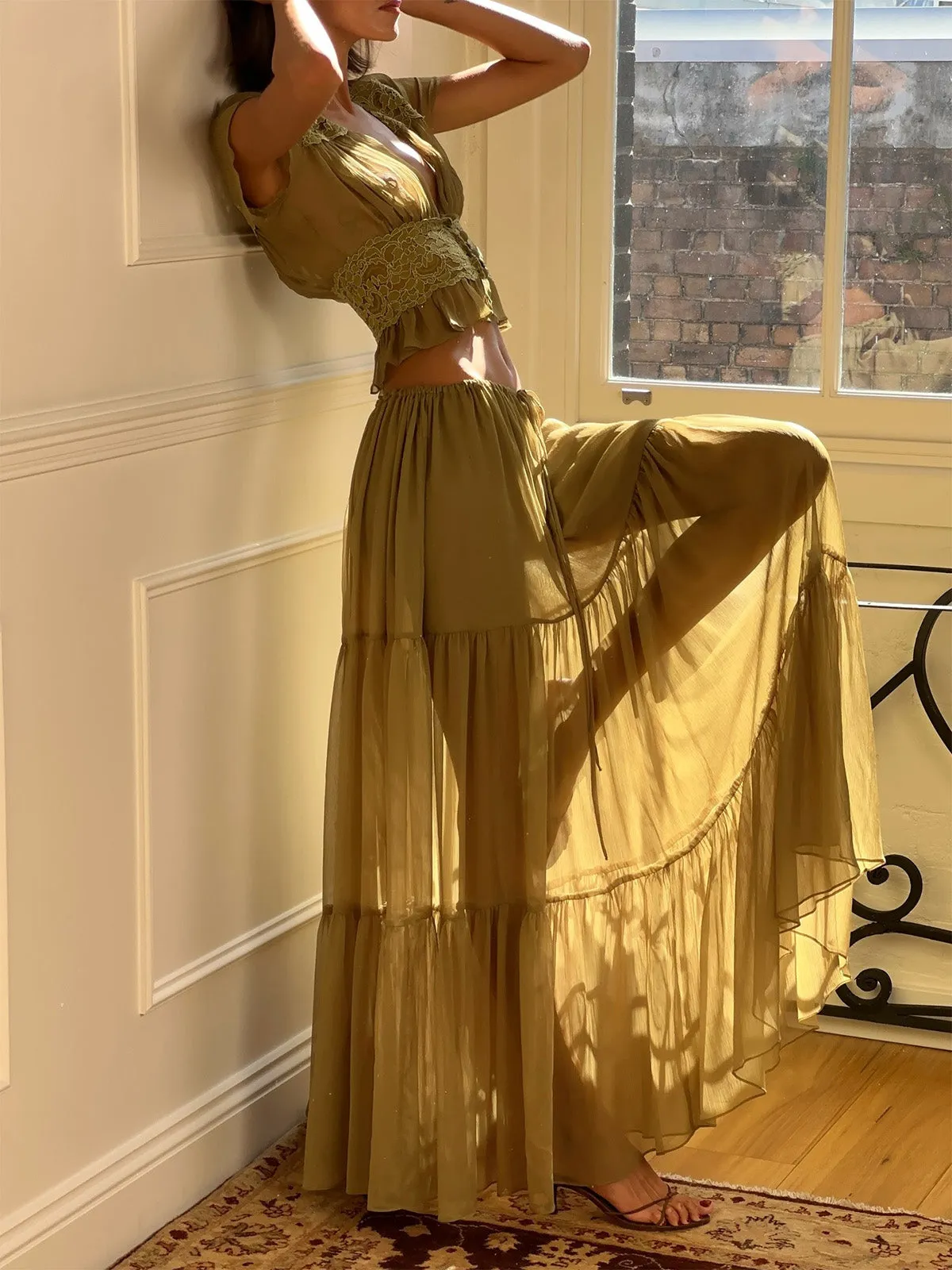 2PCS Olive 1940s Lace Crop Top & Sheer Maxi Skirt Set sold by Retro Stage product image thumbnail 4