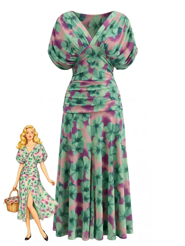 Green 1940s Floral V-Neck Smocked Waist Dress made by Retro Stage