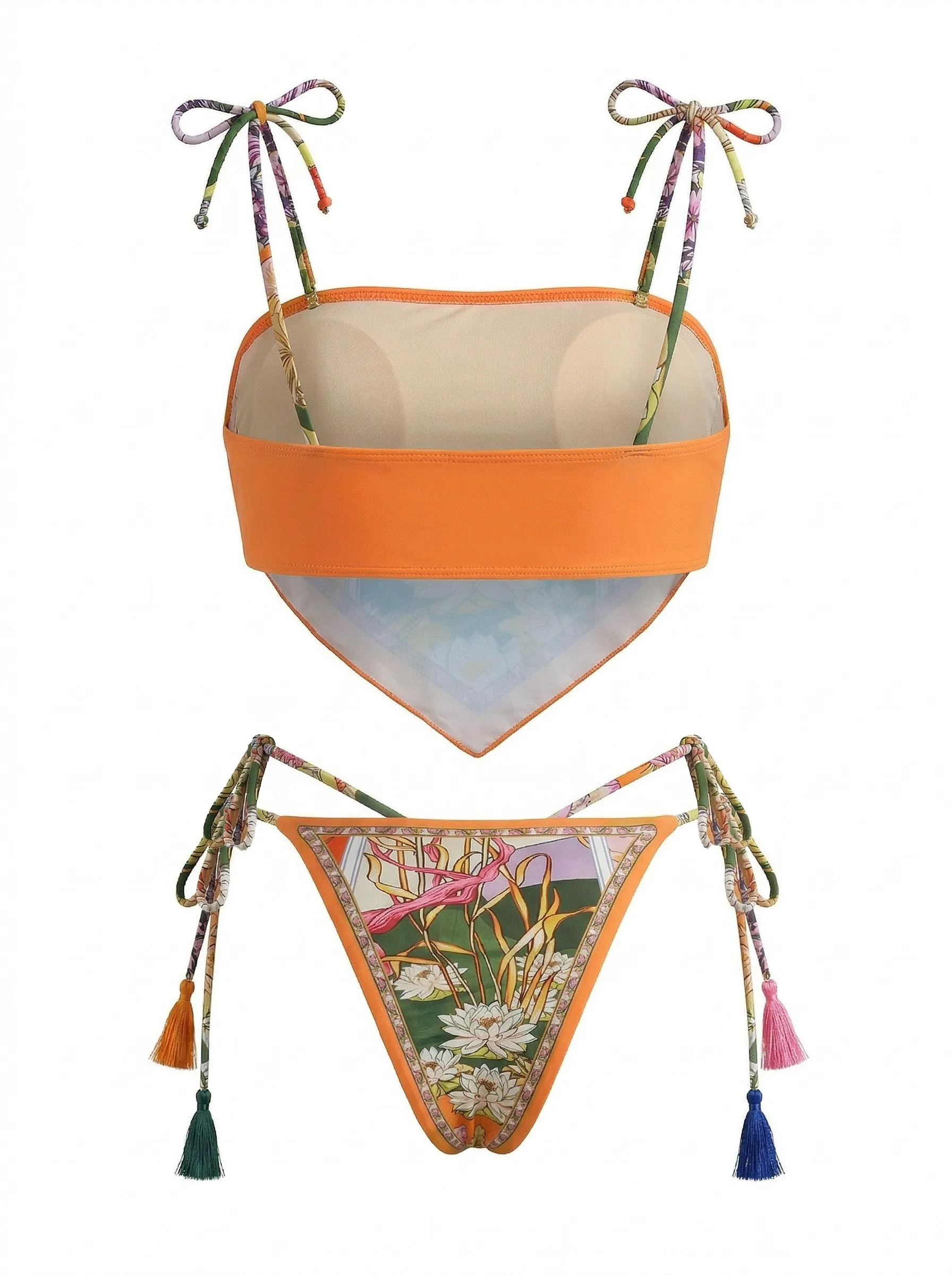 Orange 1970s Floral Tassel Tie Bandeau Bikini Set sold by Retro Stage product image thumbnail 2