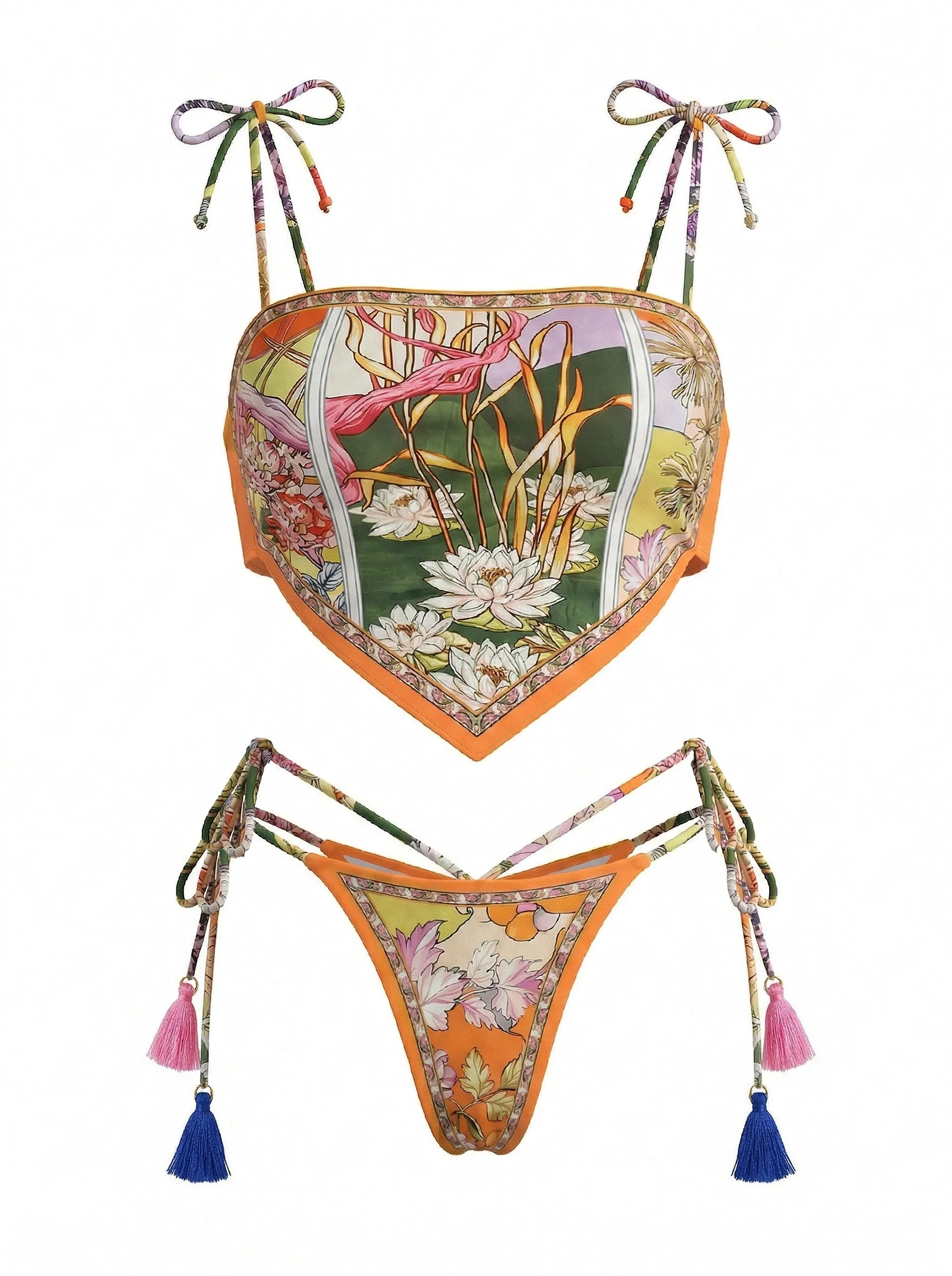 Orange 1970s Floral Tassel Tie Bandeau Bikini Set sold by Retro Stage