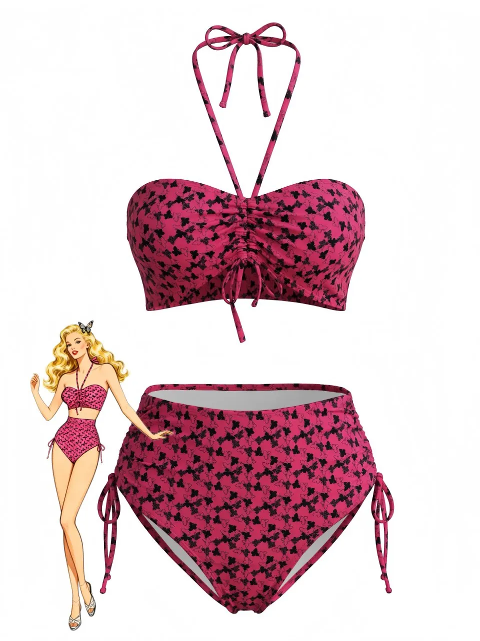 Rose Red 1940s Butterfly Halter Bikini Set sold by Retro Stage