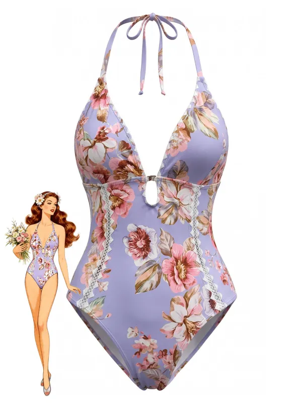 Blue 1940s Floral Lace Trim Halter One-Piece Swimsuit made by Retro Stage