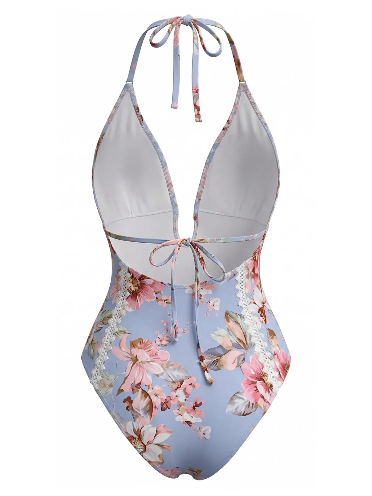 Blue 1940s Floral Lace Trim Halter One-Piece Swimsuit sold by Retro Stage product image thumbnail 3