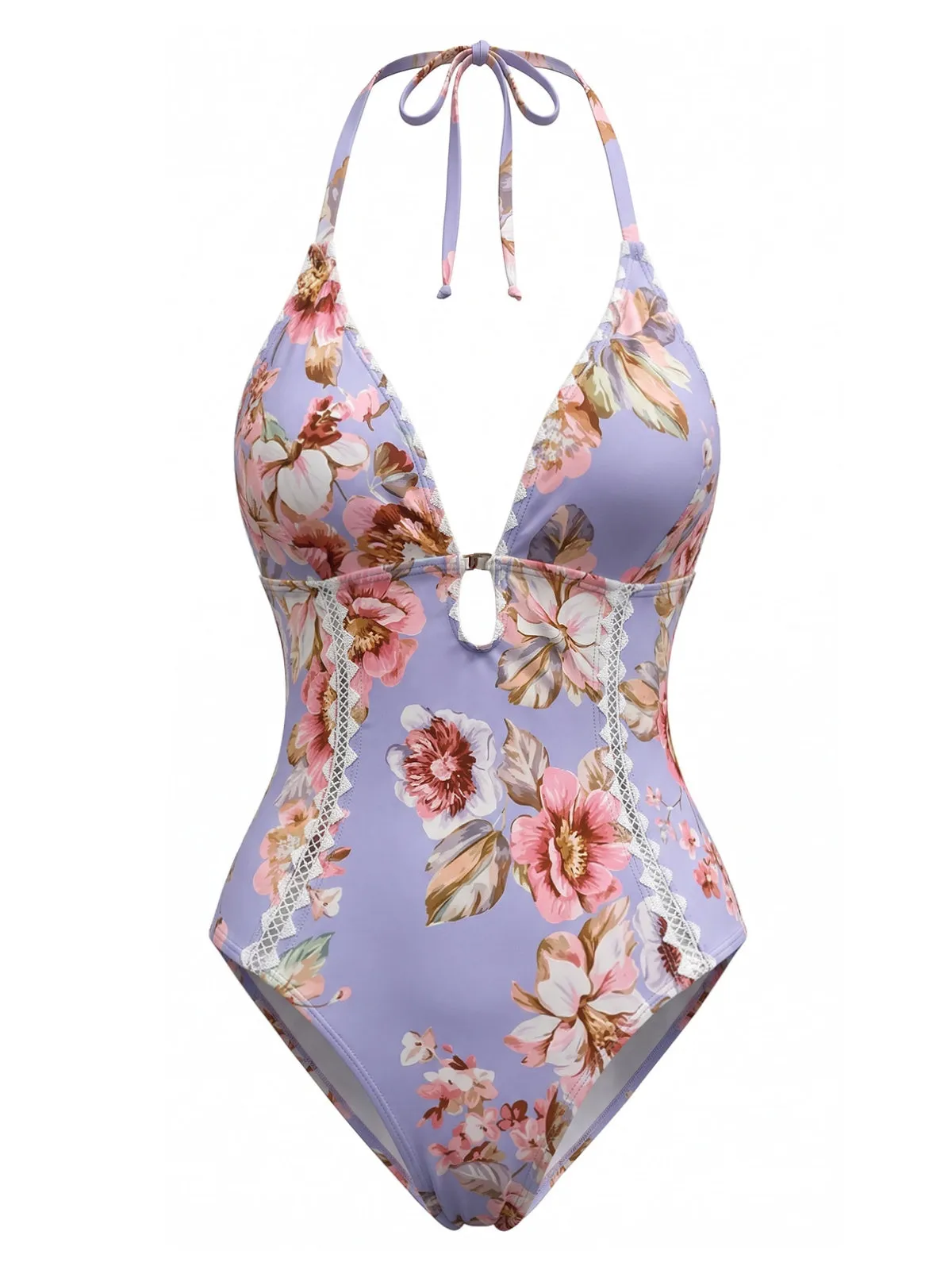 Blue 1940s Floral Lace Trim Halter One-Piece Swimsuit sold by Retro Stage product image thumbnail 2