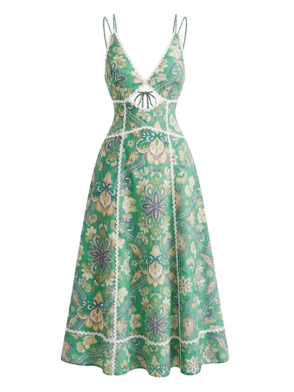 Green 1970s Boho Paisley Floral Cutout Backless Midi Dress made by Retro Stage
