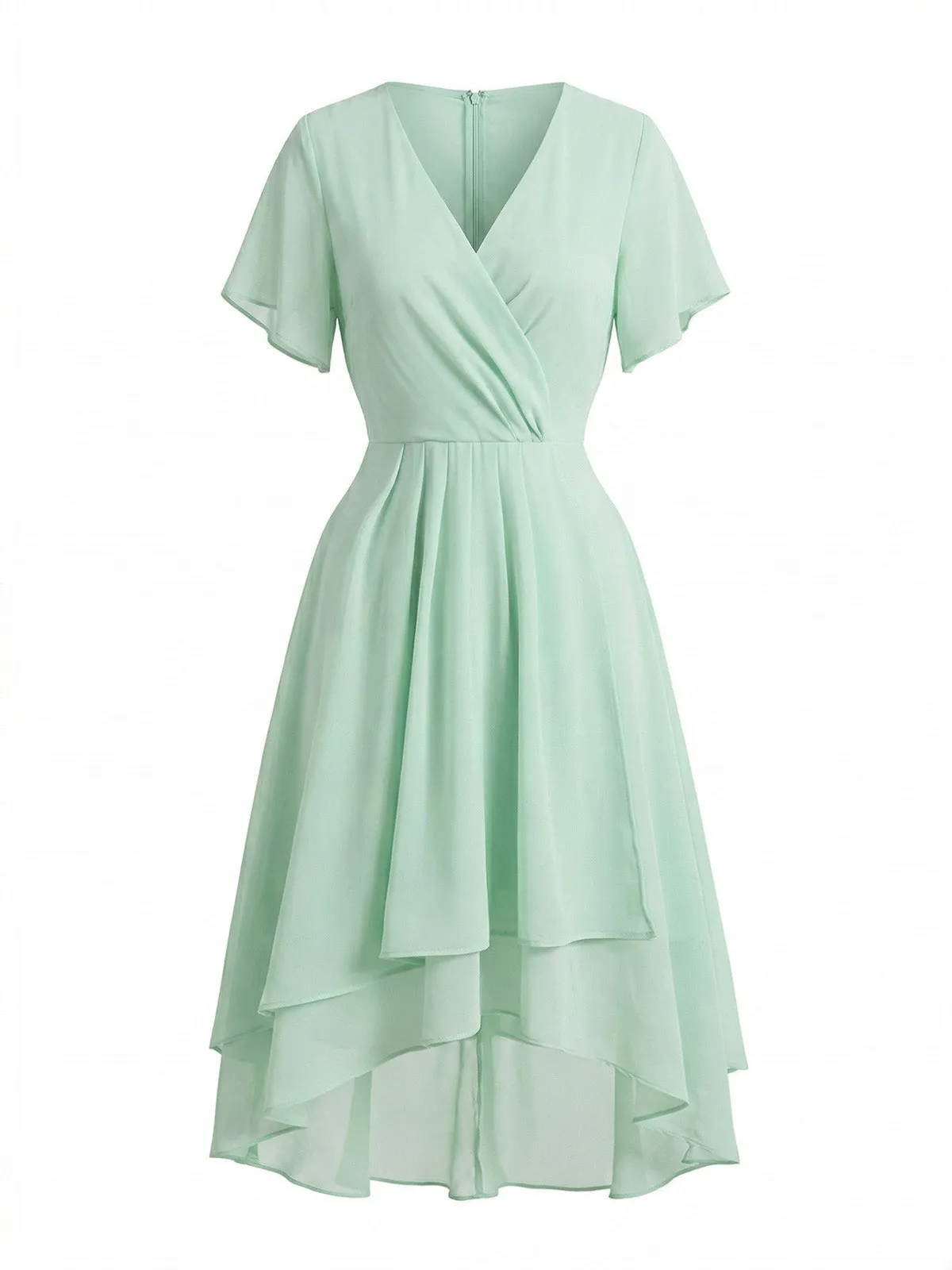 1950s Solid V-Neck Ruffle Sleeve Chiffon Asymmetrical Dress sold by Retro Stage product image thumbnail 2