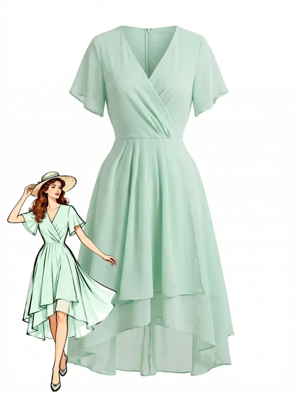 1950s Solid V-Neck Ruffle Sleeve Chiffon Asymmetrical Dress made by Retro Stage