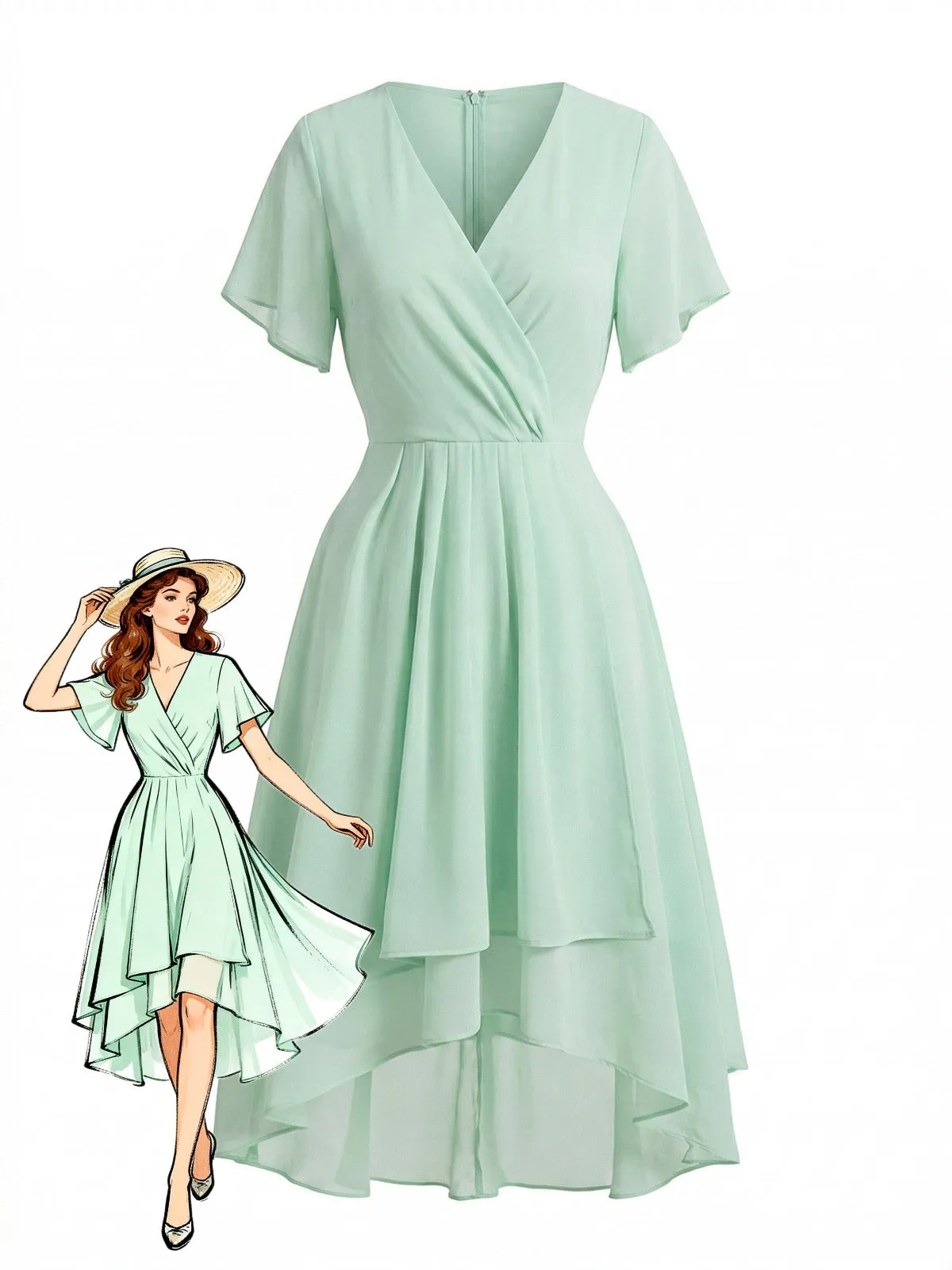 1950s Solid V-Neck Ruffle Sleeve Chiffon Asymmetrical Dress sold by Retro Stage