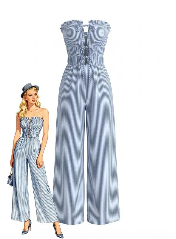 Light Blue 1950s Strapless Tie-Front Stripe Jumpsuit made by Retro Stage