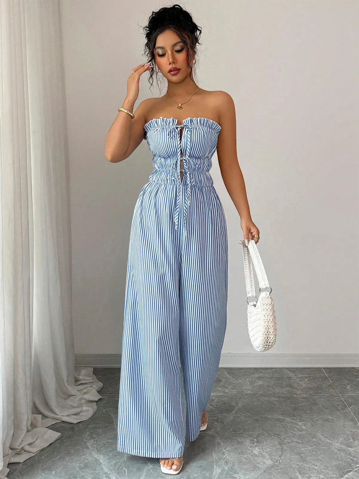 Light Blue 1950s Strapless Tie-Front Stripe Jumpsuit sold by Retro Stage product image thumbnail 4