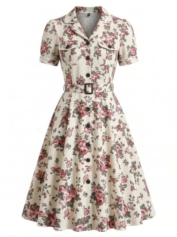 [Pre-Sale] Cream 1940s Puff Sleeves Floral Dress made by Retro Stage