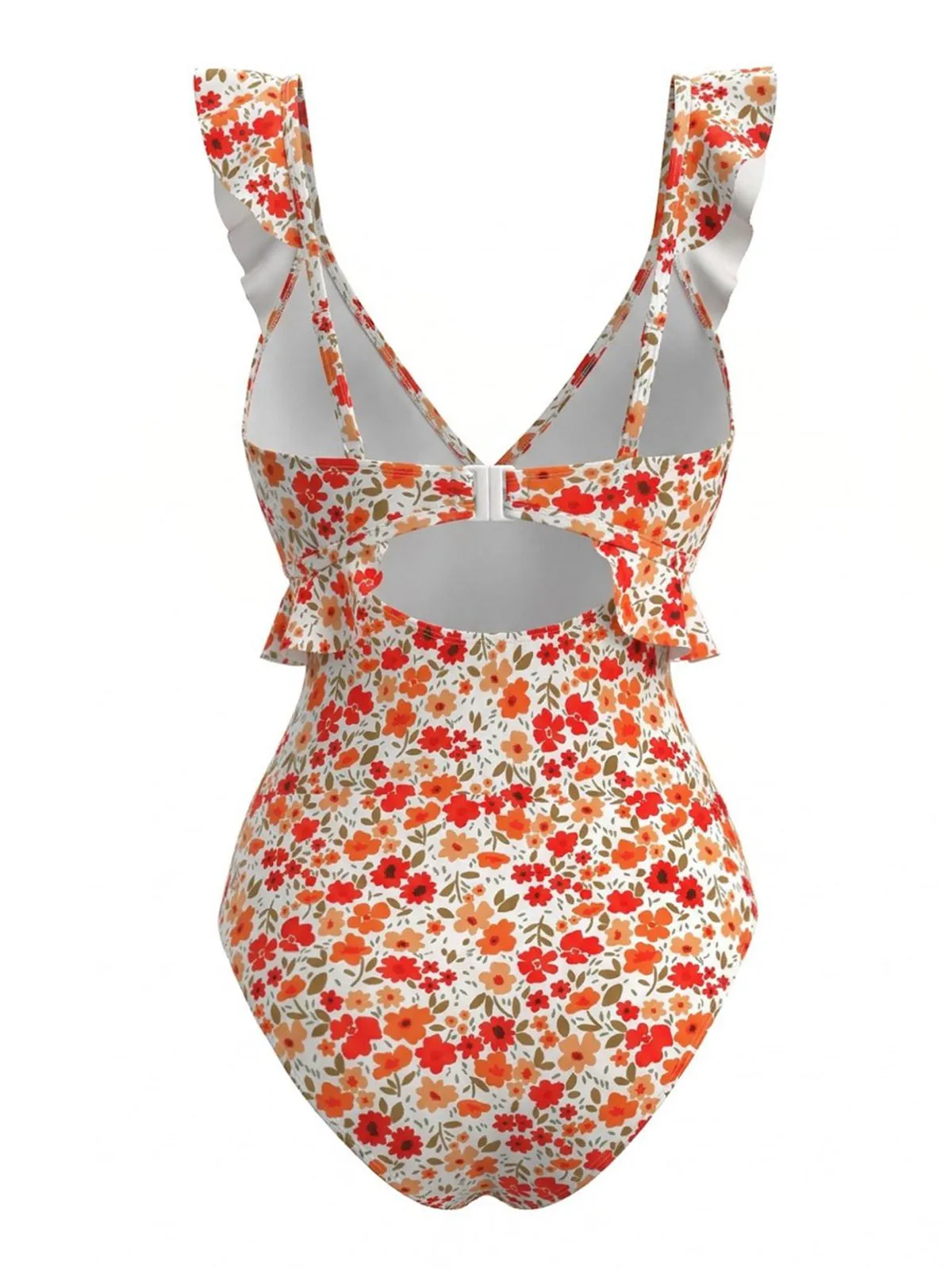 Orange 1940s Floral Ruffled Cutout One-Piece Swimsuit sold by Retro Stage product image thumbnail 3