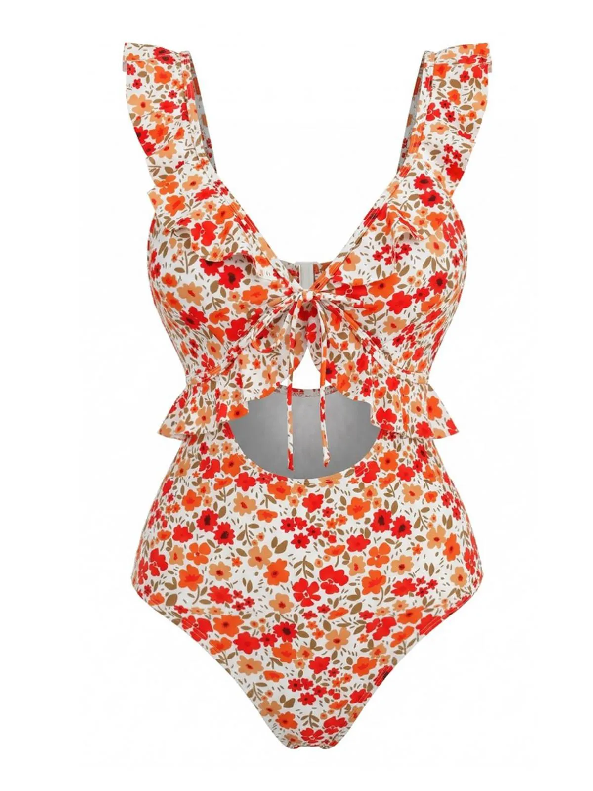 Orange 1940s Floral Ruffled Cutout One-Piece Swimsuit sold by Retro Stage product image thumbnail 2