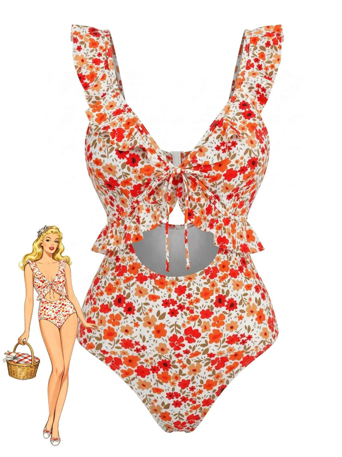 Orange 1940s Floral Ruffled Cutout One-Piece Swimsuit sold by Retro Stage