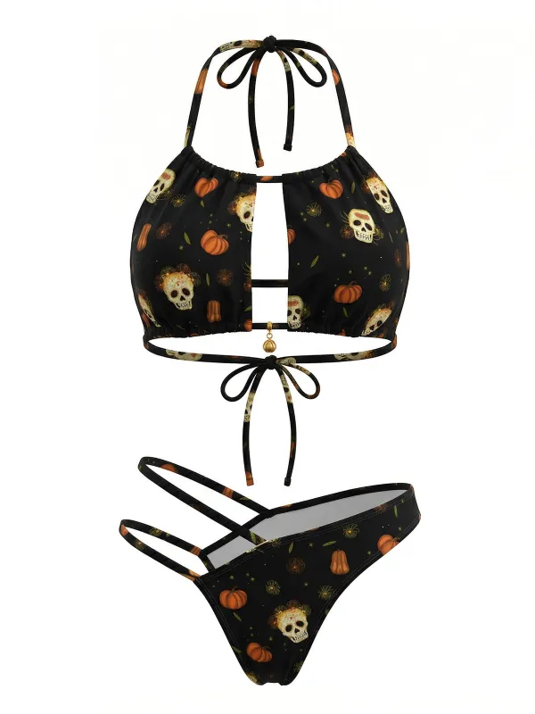 Black 1980s Gothic Skull Bikini Set made by Retro Stage