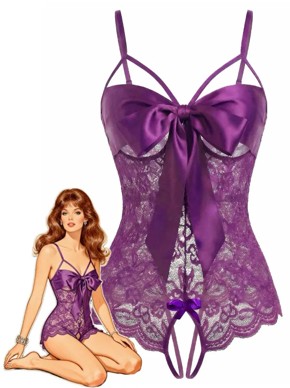 [Pre-Sale] Purple 1970s Lace Satin Bow Adjustable Straps Lingerie made by Retro Stage