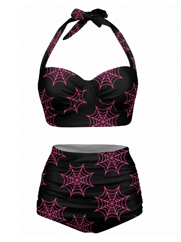 [Pre-Sale] Black 1950s Spider Web Lace-Up Halter Swimsuit made by Retro Stage