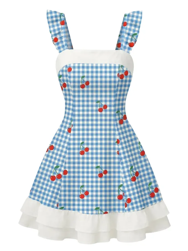 [Pre-Sale] Blue Gingham 1960s Cherry Ruffle Strap Dress made by Retro Stage