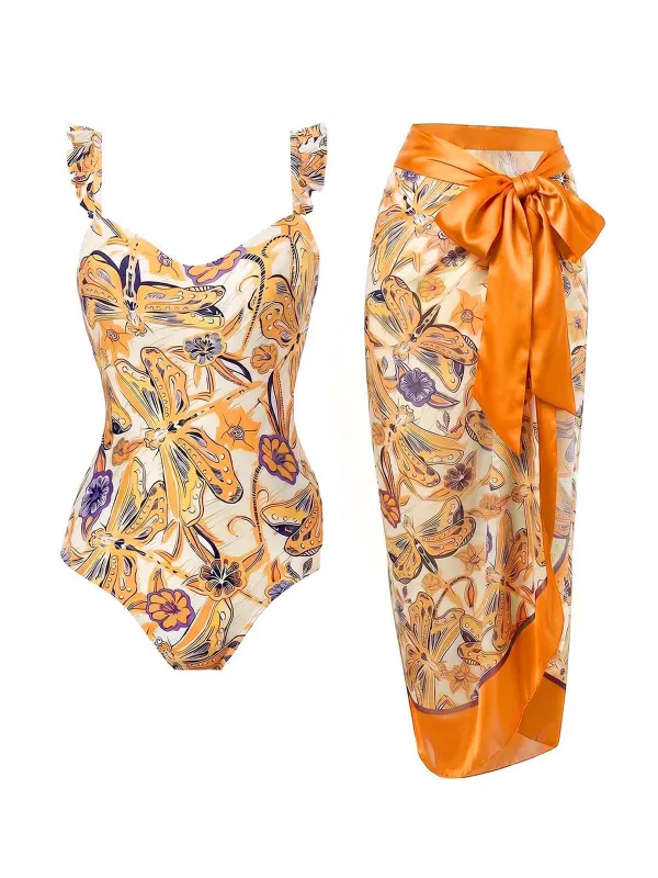 [Pre-Sale] 2PCS Orange 1960s Dragonfly Floral Swimsuit & Cover-Up made by Retro Stage