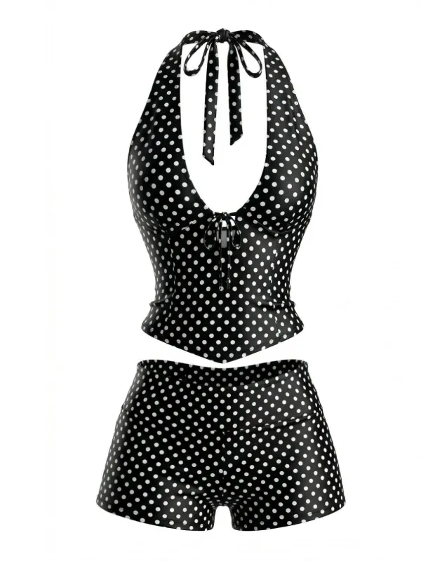 [Pre-Sale] Black 1960s Polka Dot Halter Tankini Set made by Retro Stage