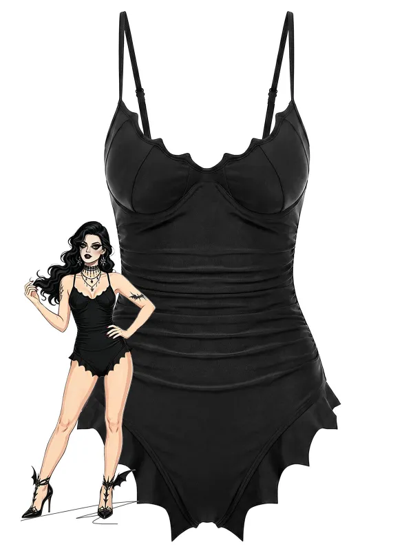 Black 1950s Gothic Batwing Hem One Piece Swimsuit made by Retro Stage