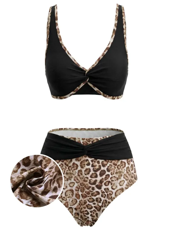 [Pre-Sale] Black 1930s Leopard Print Twist Front Bikini Set made by Retro Stage