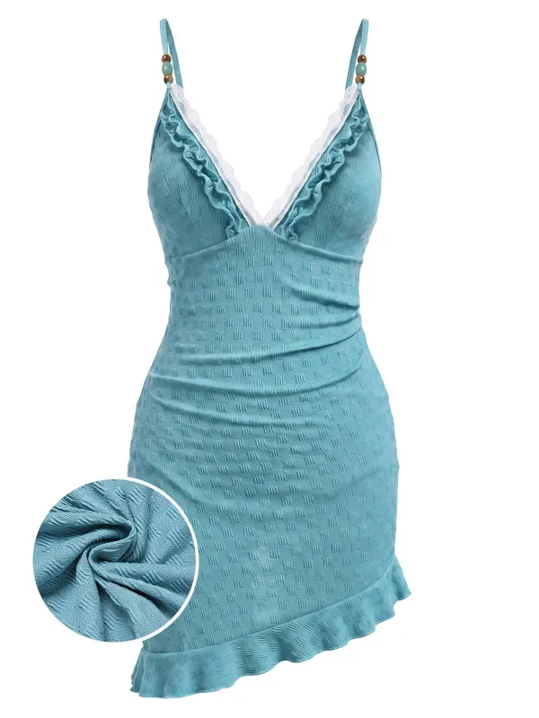 [Pre-Sale] Turquoise 1960s Lace Ruffled Beaded One-Piece Swimdress made by Retro Stage