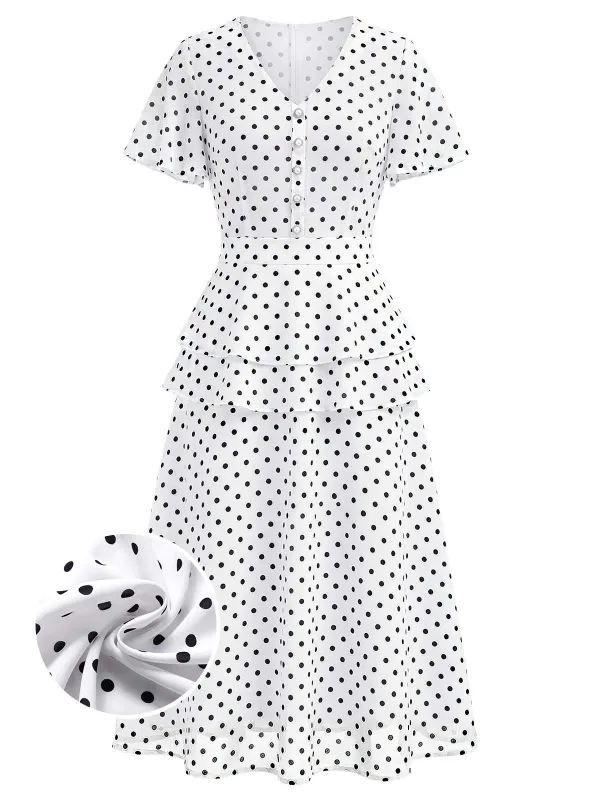 [Pre-Sale] White 1940s Polka Dot V-Neck Ruffle Button A-Line Dress made by Retro Stage
