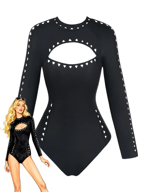 Black 1950s Solid Cutout Long Sleeves Swimsuit made by Retro Stage