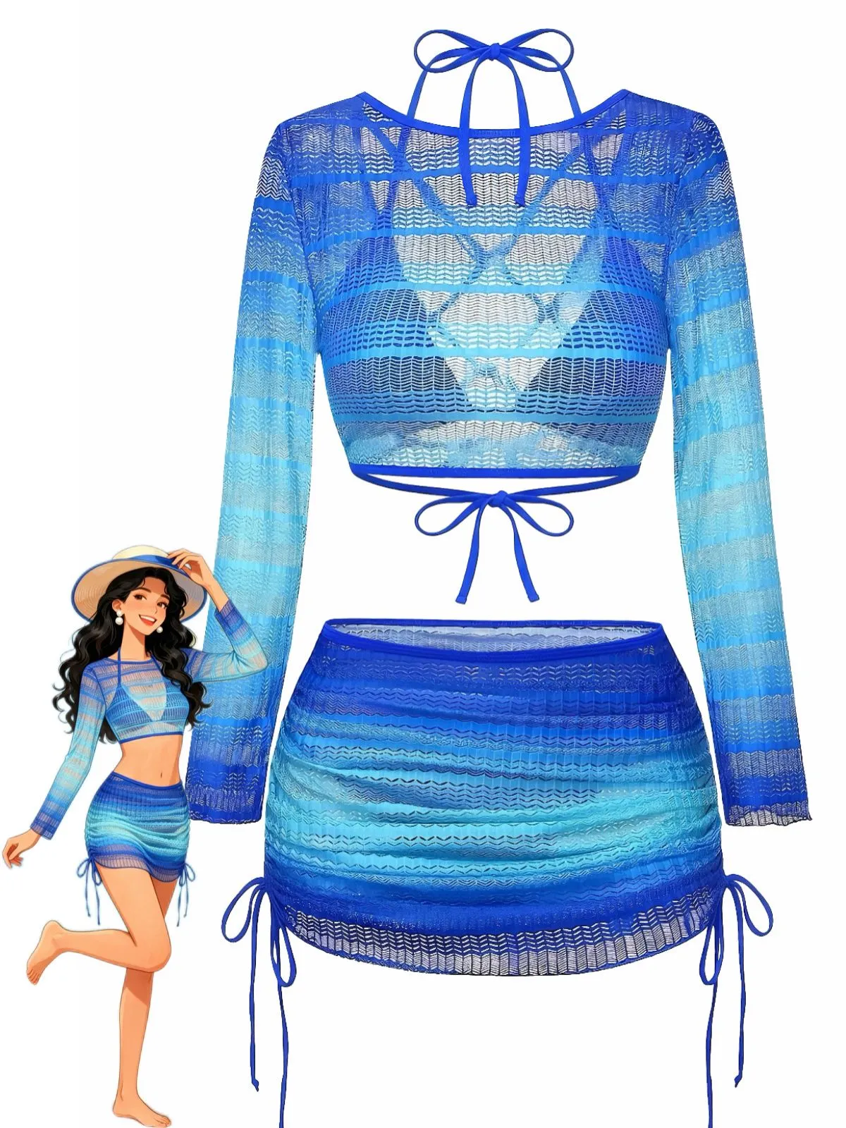 1960s Ombre Crochet Long Sleeve Bikini Set & Cover-Up Set sold by Retro Stage