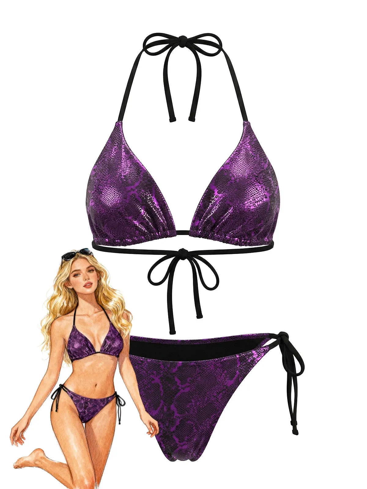 Purple 1980s Halter Metallic Snakeskin Print Bikini Set sold by Retro Stage
